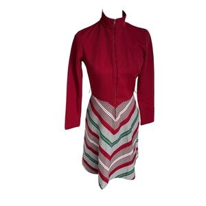 Vtg 60s MOD Burgundy CHEVRON Stripe Front Zip Retro A Line Scooter Dress Medium